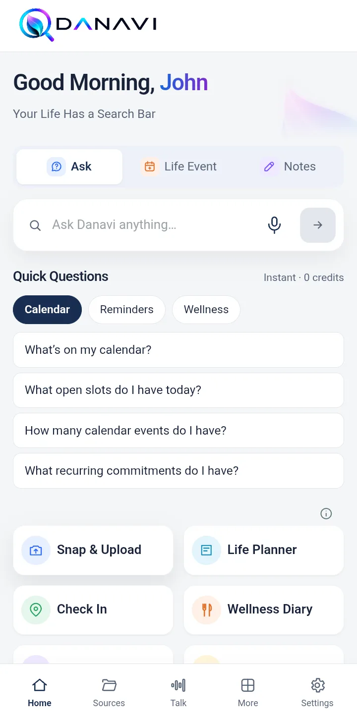 Danavi home screen with Quick Questions